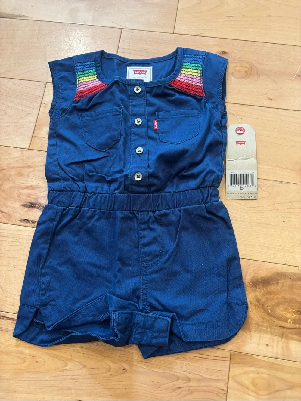 👒Levi's Navy Girls' Short Romper with Rainbow Crochet Yoke